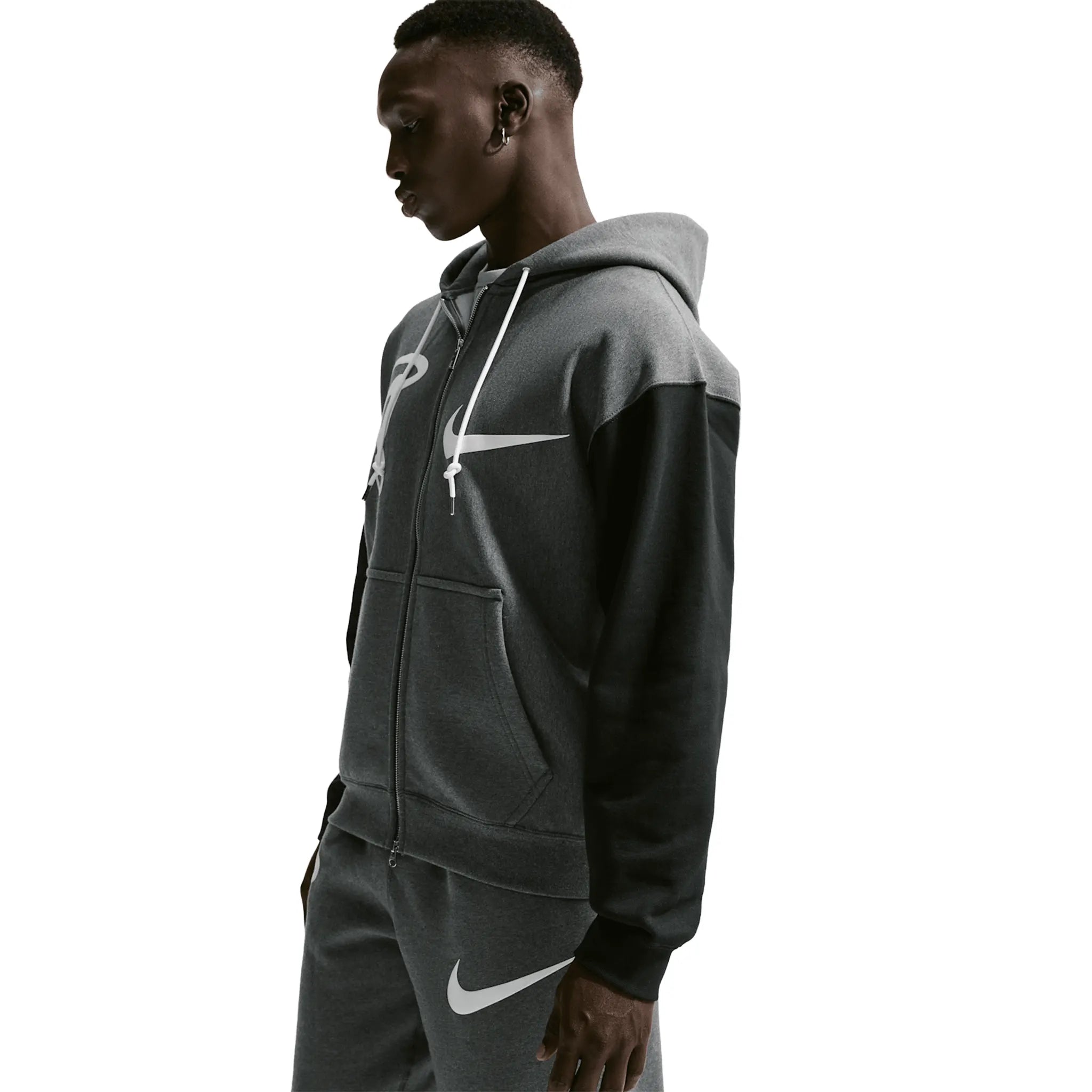 Front Side View of Nike Solo Swoosh x Syna World x Central Cee Fleece Grey Zip-Up Hoodie IQ0533-063